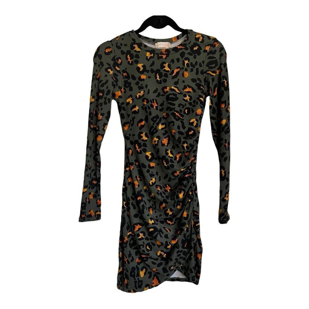 Altar’d State Womens Leopard Fitted‎ Overlap Dress Olive Green Multi Size XS